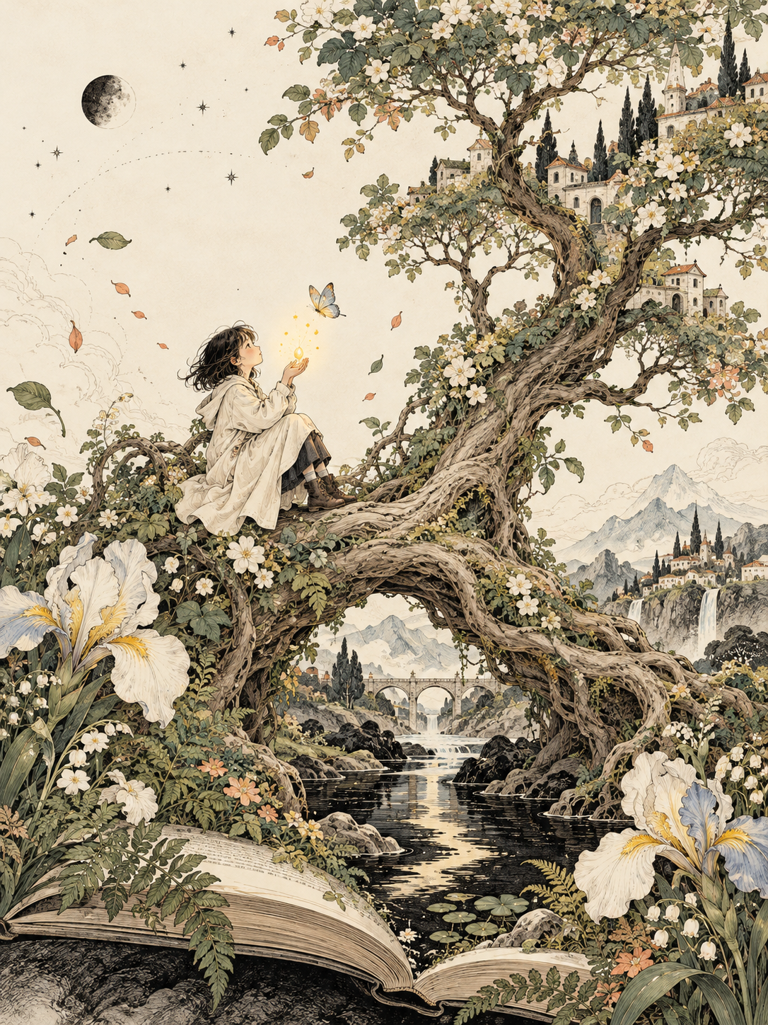 An original ink and watercolour illustration: a dreamer holds a glowing seed beneath a village tree, whose roots form a bridge growing from an open book